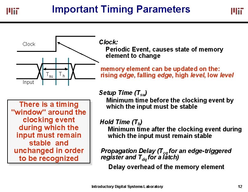 Important Timing Parameters Clock: Periodic Event, causes state of memory element to change Clock