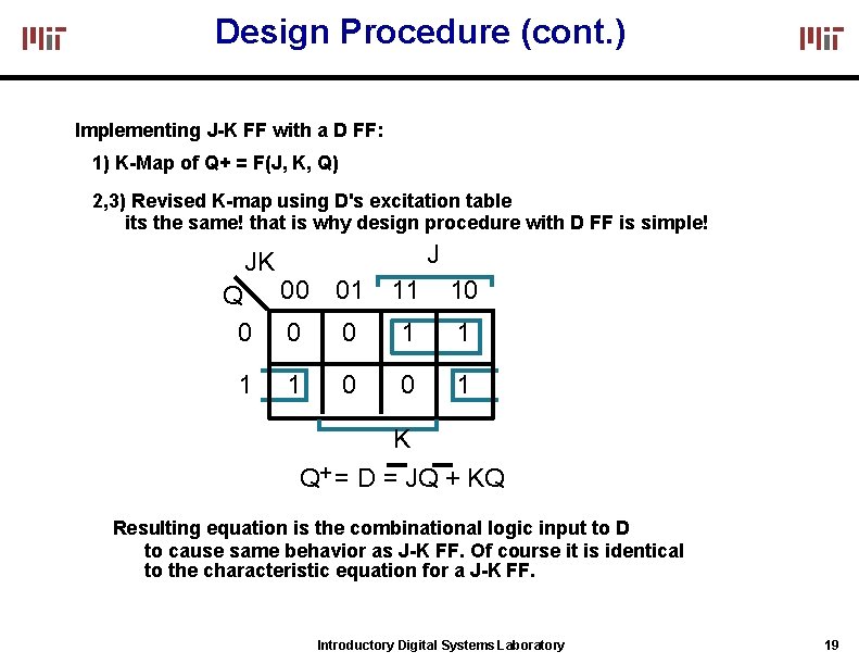 Design Procedure (cont. ) Implementing J-K FF with a D FF: 1) K-Map of