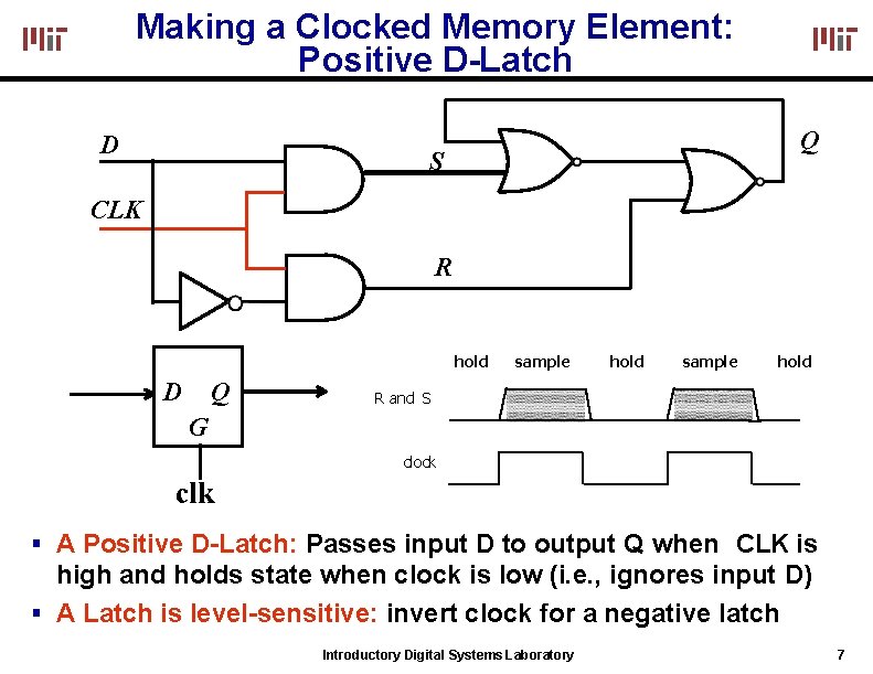 Making a Clocked Memory Element: Positive D-Latch D Q S CLK R hold D