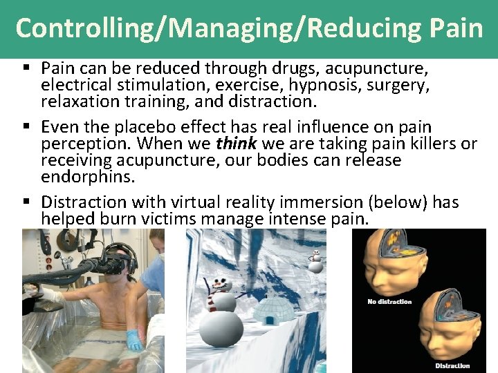 Controlling/Managing/Reducing Pain § Pain can be reduced through drugs, acupuncture, electrical stimulation, exercise, hypnosis,