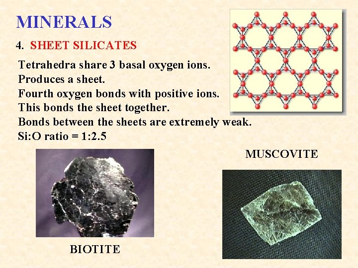 MINERALS 4. SHEET SILICATES Tetrahedra share 3 basal oxygen ions. Produces a sheet. Fourth