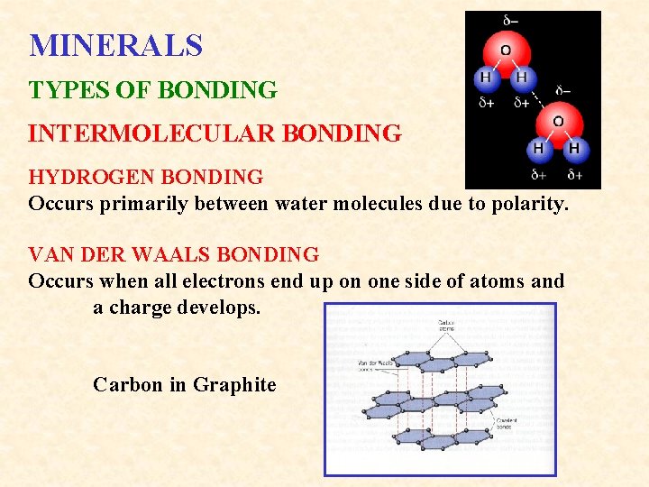 MINERALS TYPES OF BONDING INTERMOLECULAR BONDING HYDROGEN BONDING Occurs primarily between water molecules due