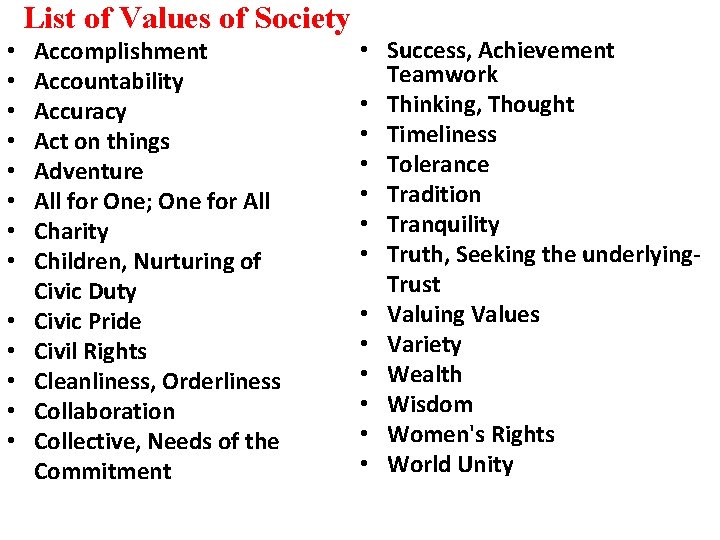 List of Values of Society • • • • Accomplishment Accountability Accuracy Act on