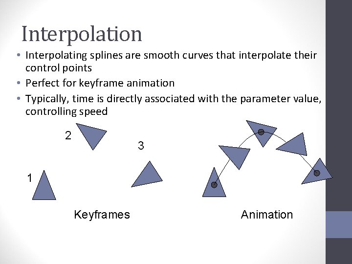 Interpolation • Interpolating splines are smooth curves that interpolate their control points • Perfect