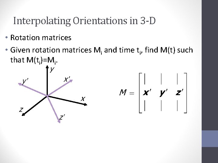 Interpolating Orientations in 3 -D • Rotation matrices • Given rotation matrices Mi and