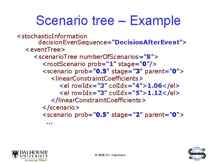 Scenario tree – Example <stochastic. Information decision. Even. Sequence="Decision. After. Event"> <event. Tree> <scenario.