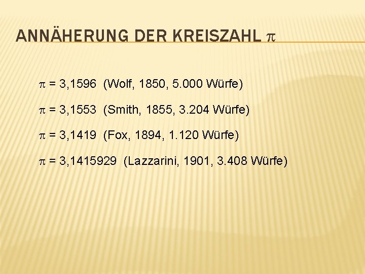 ANNÄHERUNG DER KREISZAHL = 3, 1596 (Wolf, 1850, 5. 000 Würfe) = 3, 1553