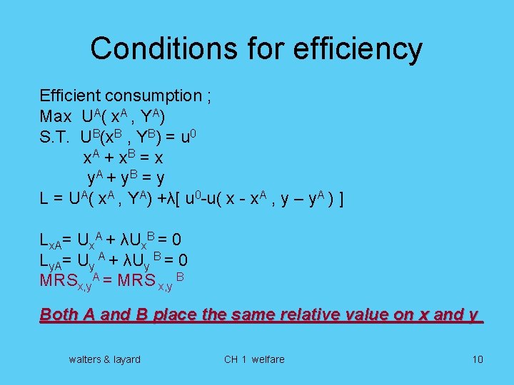 Conditions for efficiency Efficient consumption ; Max UA( x. A , YA) S. T.