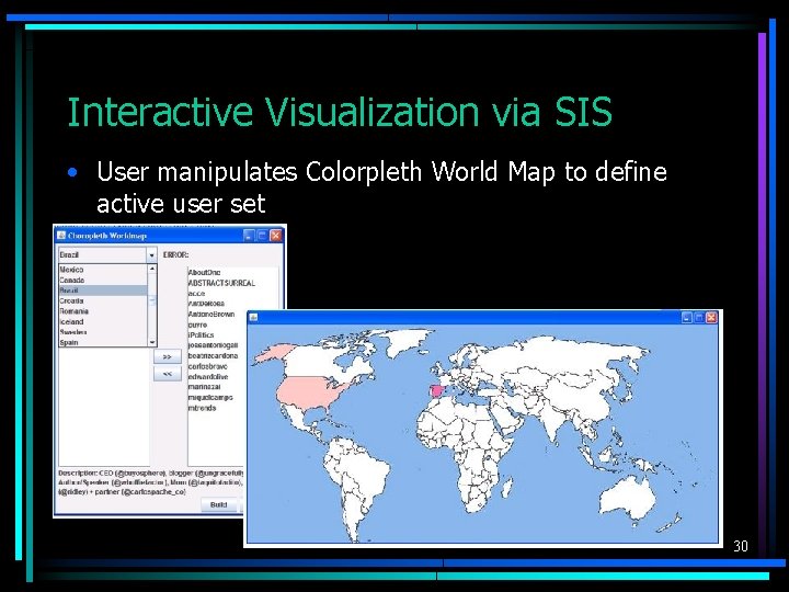 Interactive Visualization via SIS • User manipulates Colorpleth World Map to define active user