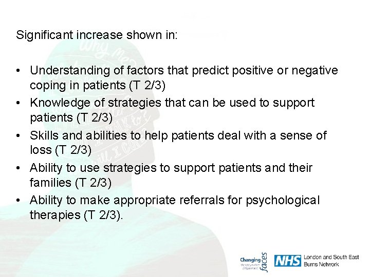 Significant increase shown in: • Understanding of factors that predict positive or negative coping