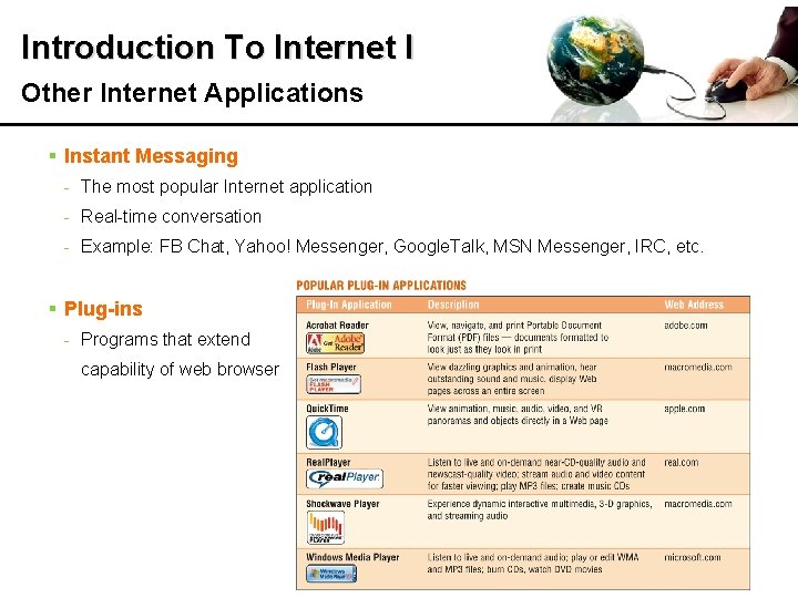 Introduction To Internet I Other Internet Applications § Instant Messaging - The most popular