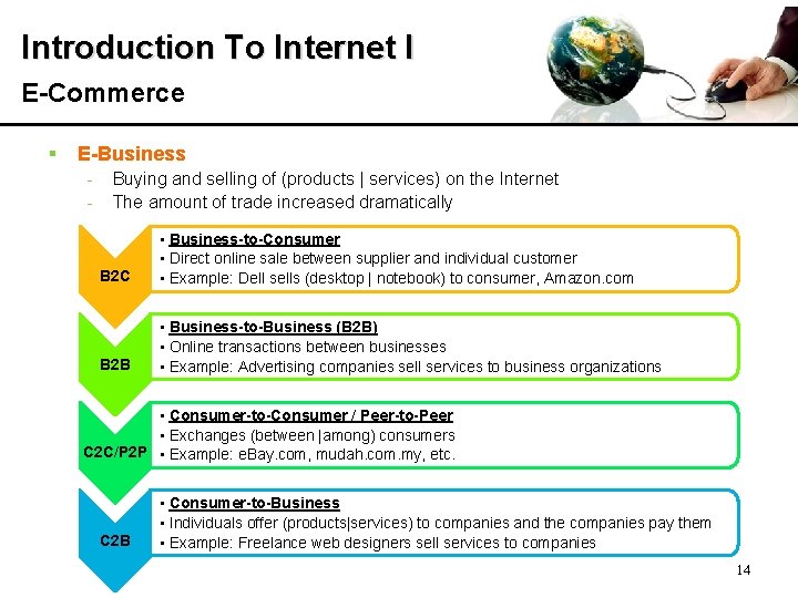 Introduction To Internet I E-Commerce § E-Business - Buying and selling of (products |