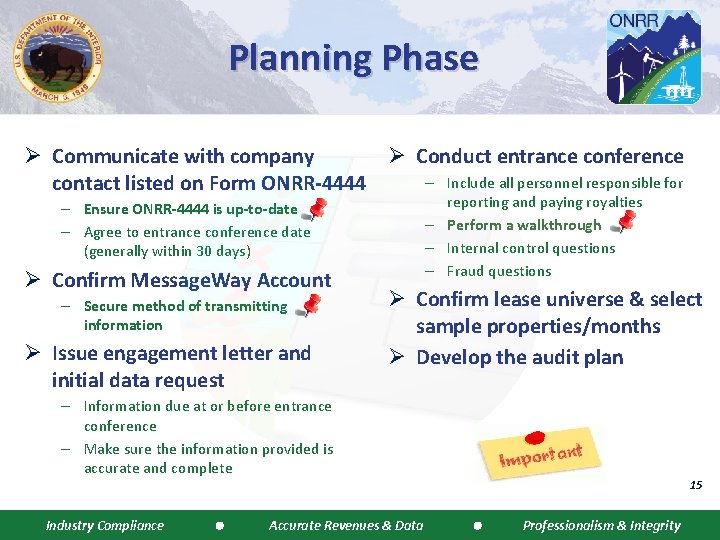Planning Phase Ø Communicate with company Ø Conduct entrance conference – Include all personnel