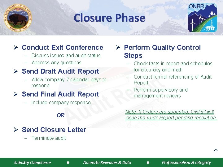 Closure Phase Ø Conduct Exit Conference – Discuss issues and audit status – Address