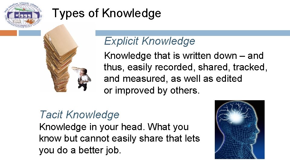 Types of Knowledge Explicit Knowledge that is written down – and thus, easily recorded,