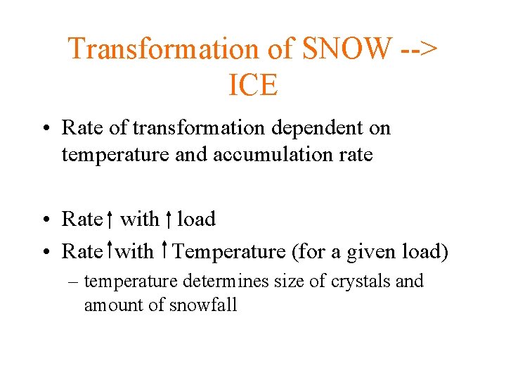 Transformation of SNOW --> ICE • Rate of transformation dependent on temperature and accumulation