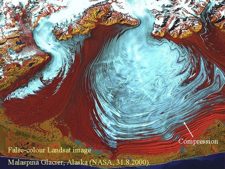 Compression False-colour Landsat image Malaspina Glacier, Alaska (NASA, 31. 8. 2000). 