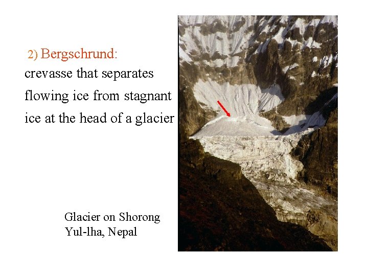 2) Bergschrund: crevasse that separates flowing ice from stagnant ice at the head of