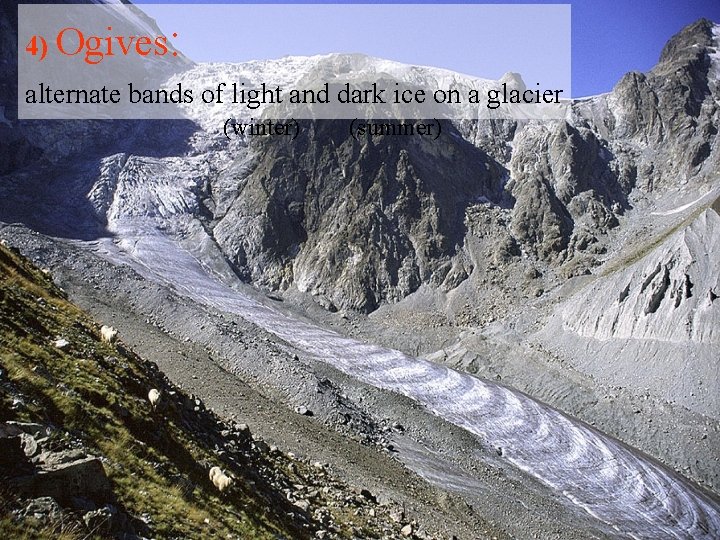 4) Ogives : alternate bands of light and dark ice on a glacier (winter)