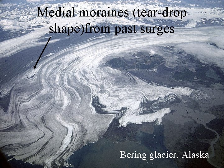 Medial moraines (tear-drop shape)from past surges Bering glacier, Alaska 