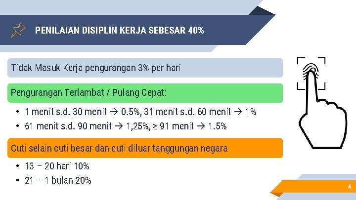 PENILAIAN DISIPLIN KERJA SEBESAR 40% Tidak Masuk Kerja pengurangan 3% per hari Pengurangan Terlambat