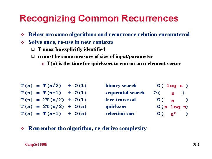 Recognizing Common Recurrences v v Below are some algorithms and recurrence relation encountered Solve