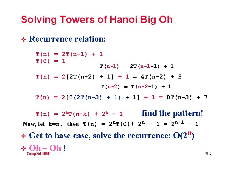 Solving Towers of Hanoi Big Oh v Recurrence relation: T(n) = 2 T(n-1) +