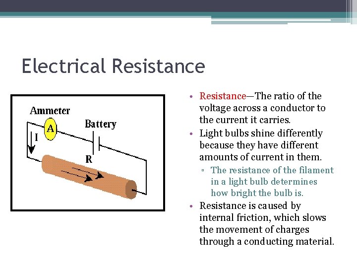 Electrical Resistance • Resistance—The ratio of the voltage across a conductor to the current