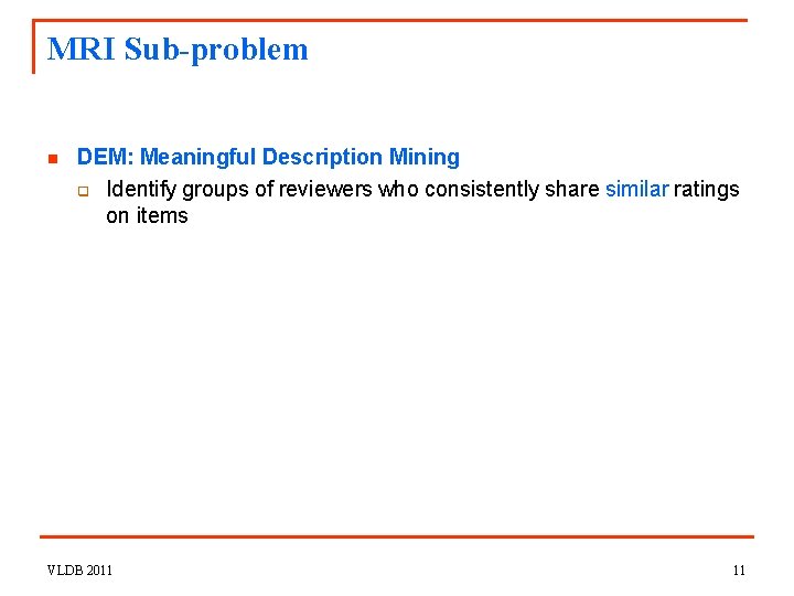 MRI Sub-problem n DEM: Meaningful Description Mining q Identify groups of reviewers who consistently