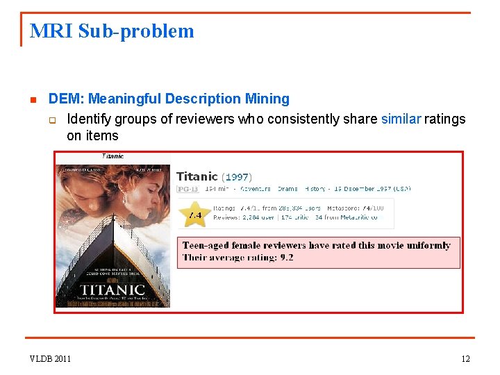 MRI Sub-problem n DEM: Meaningful Description Mining q Identify groups of reviewers who consistently