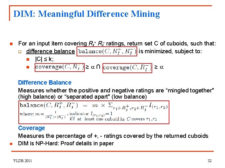 DIM: Meaningful Difference Mining n For an input item covering RI+ RI- ratings, return