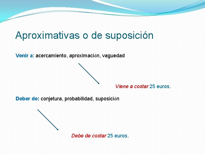 Aproximativas o de suposición Venir a: acercamiento, aproximación, vaguedad Viene a costar 25 euros.