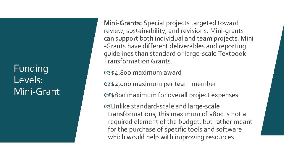 Funding Levels: Mini-Grants: Special projects targeted toward review, sustainability, and revisions. Mini-grants can support