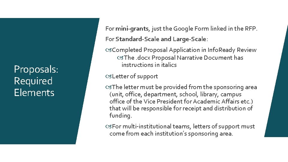 For mini-grants, just the Google Form linked in the RFP. For Standard-Scale and Large-Scale: