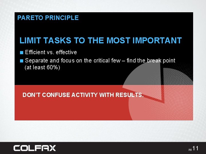 PARETO PRINCIPLE LIMIT TASKS TO THE MOST IMPORTANT ■ Efficient vs. effective ■ Separate