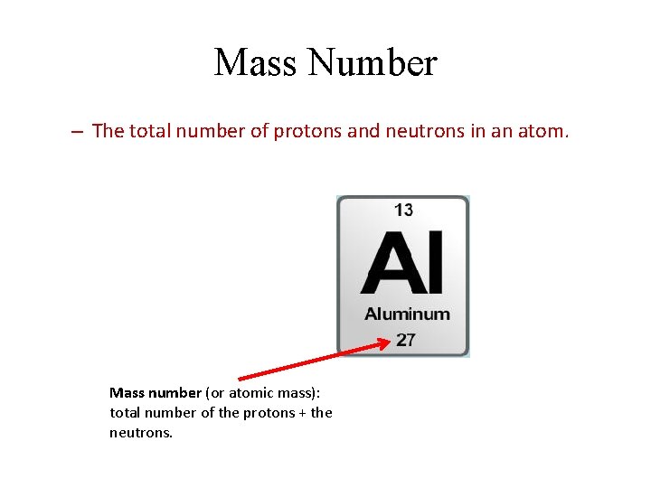 Mass Number – The total number of protons and neutrons in an atom. Mass Mass Number – The total number of protons and neutrons in an atom. Mass