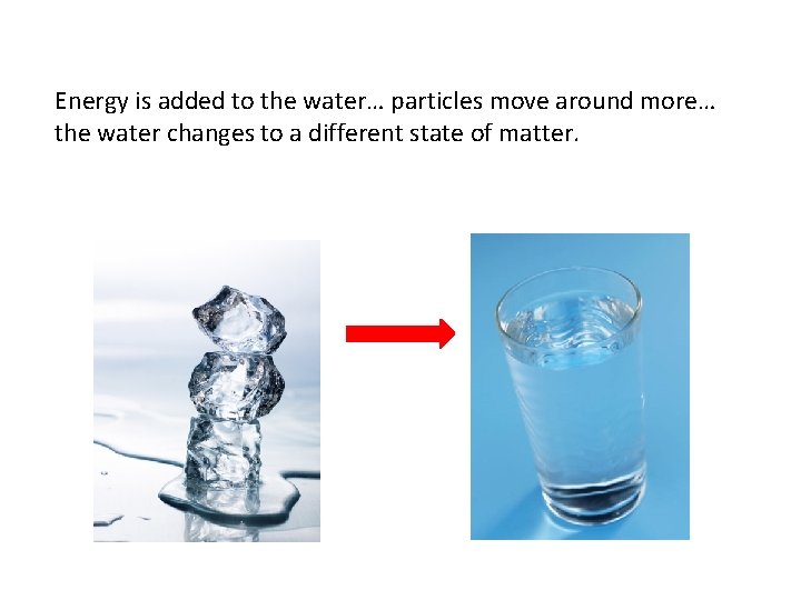 Energy is added to the water… particles move around more… the water changes to Energy is added to the water… particles move around more… the water changes to