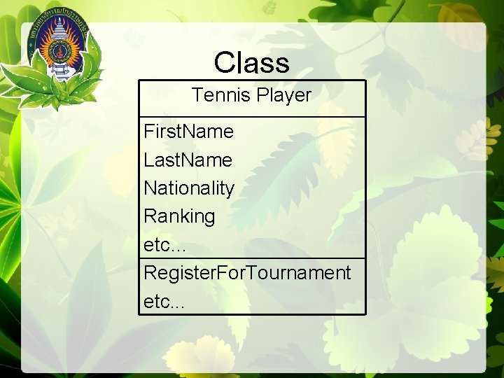 Class Tennis Player First. Name Last. Name Nationality Ranking etc… Register. For. Tournament etc.