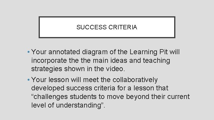 SUCCESS CRITERIA • Your annotated diagram of the Learning Pit will incorporate the main