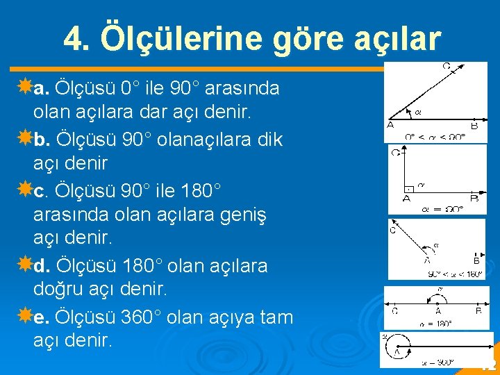 4. Ölçülerine göre açılar a. Ölçüsü 0° ile 90° arasında olan açılara dar açı