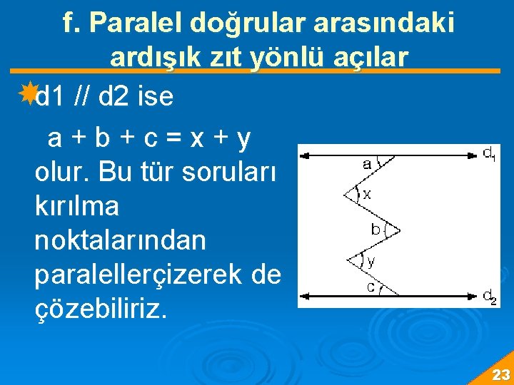 f. Paralel doğrular arasındaki ardışık zıt yönlü açılar d 1 // d 2 ise