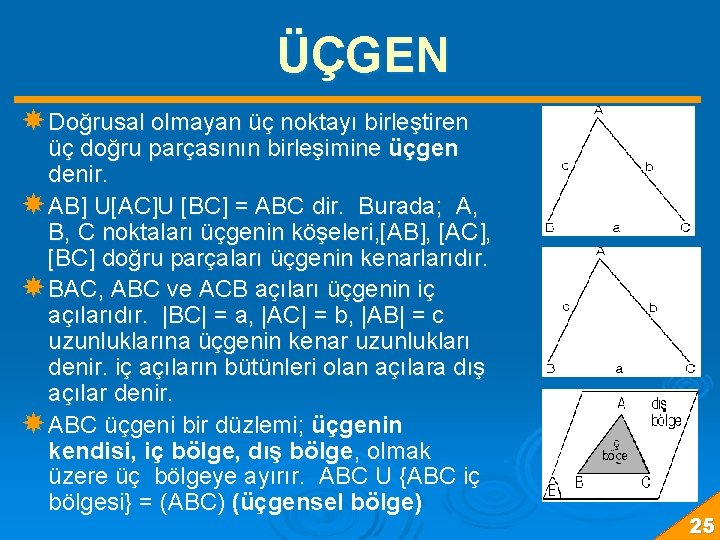 ÜÇGEN Doğrusal olmayan üç noktayı birleştiren üç doğru parçasının birleşimine üçgen denir. AB] U[AC]U