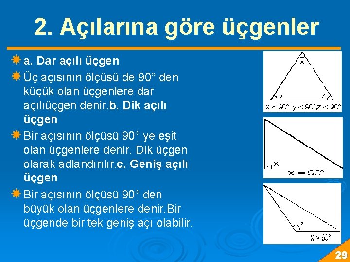 2. Açılarına göre üçgenler a. Dar açılı üçgen Üç açısının ölçüsü de 90° den