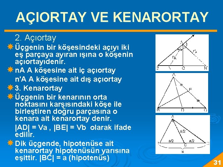 AÇIORTAY VE KENARORTAY 2. Açıortay Üçgenin bir köşesindeki açıyı iki eş parçaya ayıran ışına