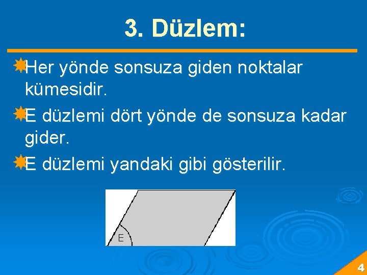 3. Düzlem: Her yönde sonsuza giden noktalar kümesidir. E düzlemi dört yönde de sonsuza