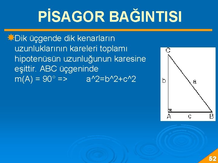 PİSAGOR BAĞINTISI Dik üçgende dik kenarların uzunluklarının kareleri toplamı hipotenüsün uzunluğunun karesine eşittir. ABC