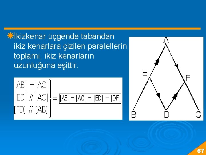 İkizkenar üçgende tabandan ikiz kenarlara çizilen paralellerin toplamı, ikiz kenarların uzunluğuna eşittir. 67