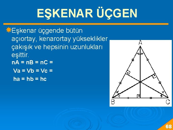 EŞKENAR ÜÇGEN Eşkenar üçgende bütün açıortay, kenarortay yükseklikler çakışık ve hepsinin uzunlukları eşittir. n.