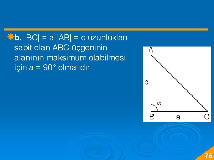  b. |BC| = a |AB| = c uzunlukları sabit olan ABC üçgeninin alanının