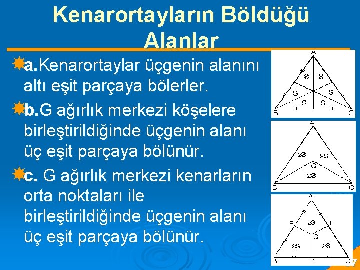 Kenarortayların Böldüğü Alanlar a. Kenarortaylar üçgenin alanını altı eşit parçaya bölerler. b. G ağırlık